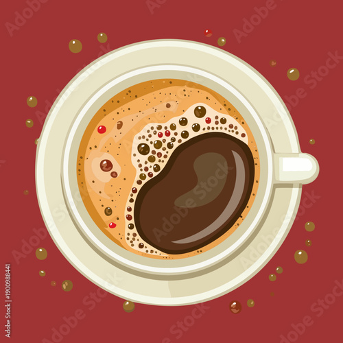 Rich dark black coffee in a white cup with bubbles and froth on a deep red surface - Vector Illustration