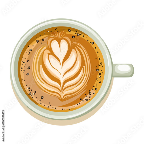 Detailed coffee latte art with beautiful leaf or rosette pattern on smooth milk foam top view - Vector Illustration