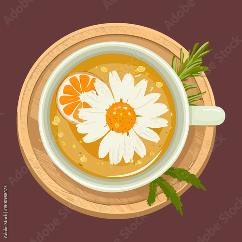 Healthy citrus chamomile tea in a cup with orange slice and rosemary garnish on wooden tray - Vector Illustration