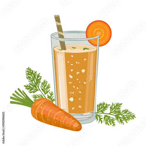 Fresh carrot juice with orange slice and green leaves in glass - Vector Illustration