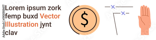 Financial transactions, minimal design, typography, conceptual communication, business tools, currency. Visual of a dollar sign, hand text and lines. Financial transactions and minimal design