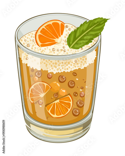 Tall glass of iced coffee with orange slices and mint leaf - Vector Illustration