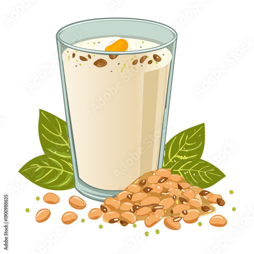 Glass of fresh almond milk with nuts and green leaf garnish - Vector Illustration