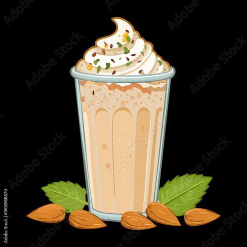 Tall glass of iced coffee with whipped cream and almond topping - Vector Illustration