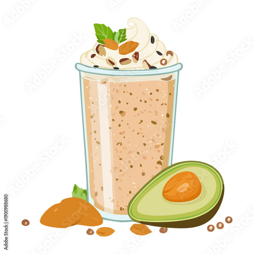 Coffee smoothie with avocado and whipped cream in a tall glass - Vector Illustration