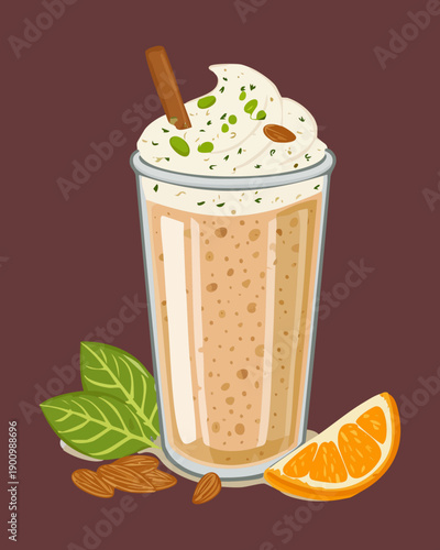 Tall glass of coffee milkshake with whipped cream and mint garnish - Vector Illustration