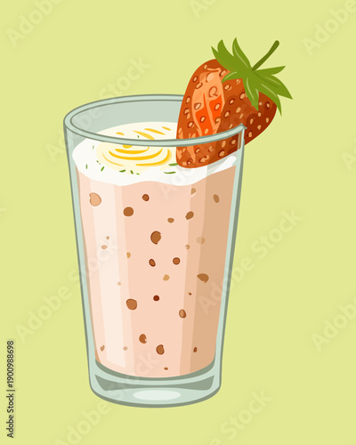 Strawberry protein shake with whipped cream for healthy fitness drink glass - Vector Illustration
