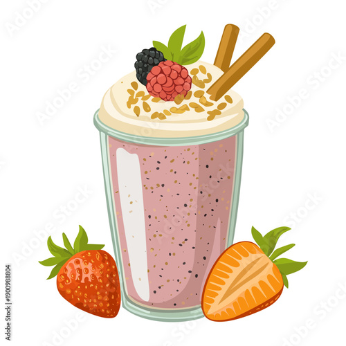 Berry smoothie with whipped cream and fresh strawberry garnish in glass - Vector Illustration