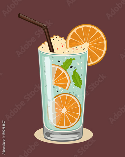 Refreshing blue soda with orange slices and fresh mint in glass - Vector Illustration