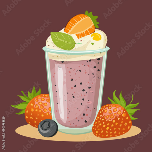 Creamy berry smoothie bowl with fresh strawberries and mint leaf garnish - Vector Illustration