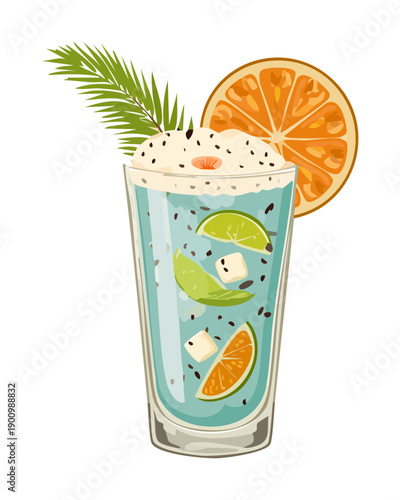 Blue lagoon mocktail with orange garnish and ice cubes in glass - Vector Illustration