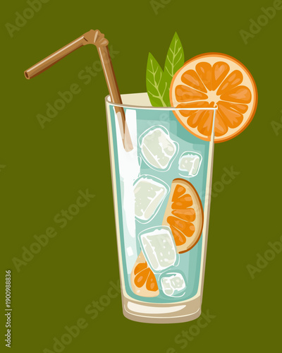 Refreshing blue cocktail with orange slices and ice cubes in tall glass - Vector Illustration