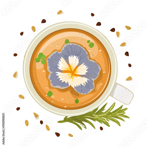 Cup of hot tea with flower petal and rosemary sprig garnish - Vector Illustration