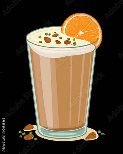 Tall glass of iced latte with orange slice and chocolate sprinkles garnish - Vector Illustration