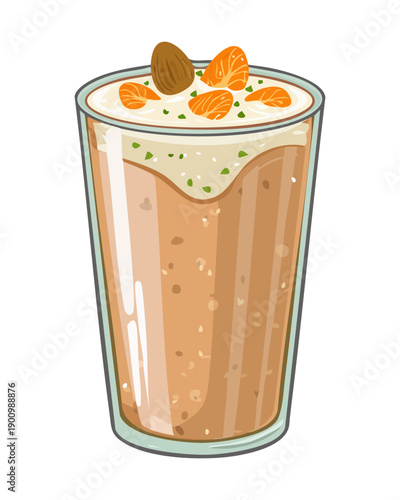 Iced coffee with cinnamon and almond nuts topping in a tall glass - Vector Illustration