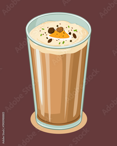 Tall glass of coffee milk tea with foam and chocolate sprinkles topping - Vector Illustration