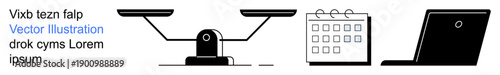 Time management, productivity, decision-making, law and justice, planning, digital tools. Balanced scale, calendar and laptop in a minimal design. Time management and productivity concepts