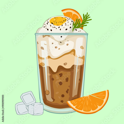 Iced latte topped with fried egg and orange garnish for creative beverage concept - Vector Illustration