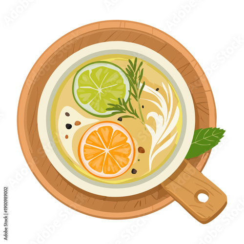 Bowl of hot citrus tea with orange and lime slices served on wood - Vector Illustration