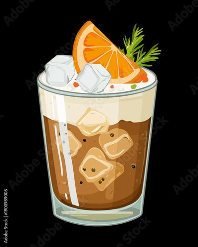 Dark iced coffee with orange slice and fresh herbs served in a transparent glass - Vector Illustration