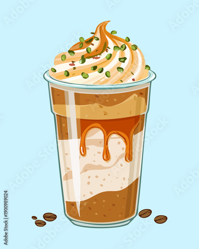 Creamy coffee shake with chocolate topping and caramel layers in a modern tall glass - Vector Illustration