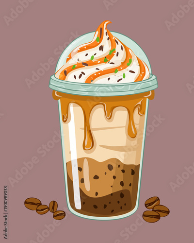 Sweet caramel macchiato with whipped cream and drizzle served in a transparent tall glass - Vector Illustration