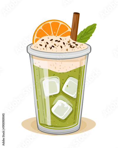 Healthy green smoothie with orange slices and fresh mint leaves for summer refreshment drink - Vector Illustration