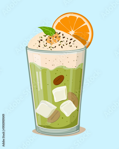 Cold brew coffee with milk foam and fresh orange slice served with ice cubes - Vector Illustration