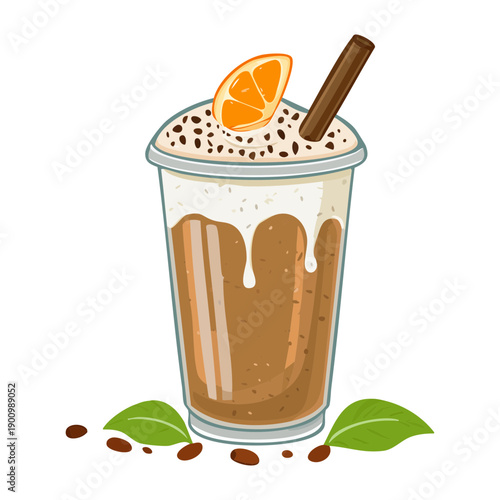Layered chocolate mocha smoothie with whipped cream and citrus garnish in a clear tall glass - Vector Illustration