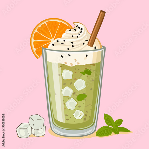 Refreshing iced matcha green tea with fresh orange slices and mint leaves in tall glass - Vector Illustration