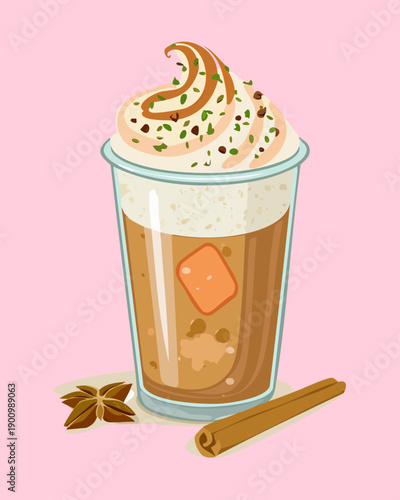 Iced coffee latte with creamy foam and chocolate sprinkles served in a glass with cinnamon - Vector Illustration