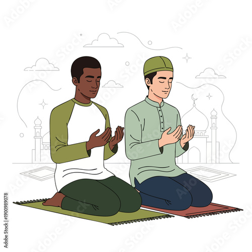 Diverse Muslim Men Praying Together on Prayer Mats. Islamic Faith and Spiritual Devotion Illustration.