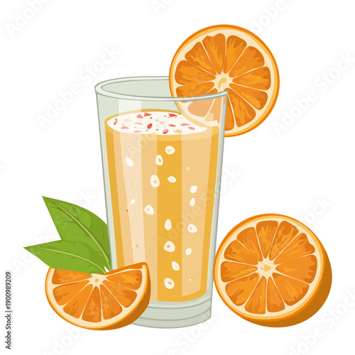 Tall Glass Of Iced Orange Drink With Slices And Green Leaves For Healthy Summer Beverage Concept - Vector Illustration