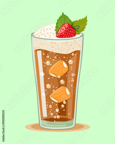 Tall Glass Of Iced Coffee With Ice Cubes And Strawberry For Cold Summer Caffeine Kick Art - Vector Illustration