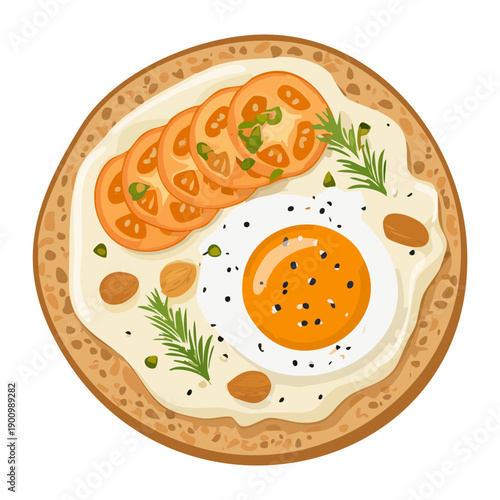 Fried Egg On Toast With Tomatoes And Herbs For Healthy Breakfast Meal Concept Art Design Illustration - Vector Illustration