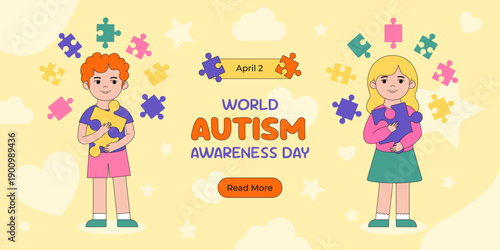 World Autism awareness day banner or background. Vector illustration for flyer, campaign, cover card, social media post. Boy and girl with puzzles poster