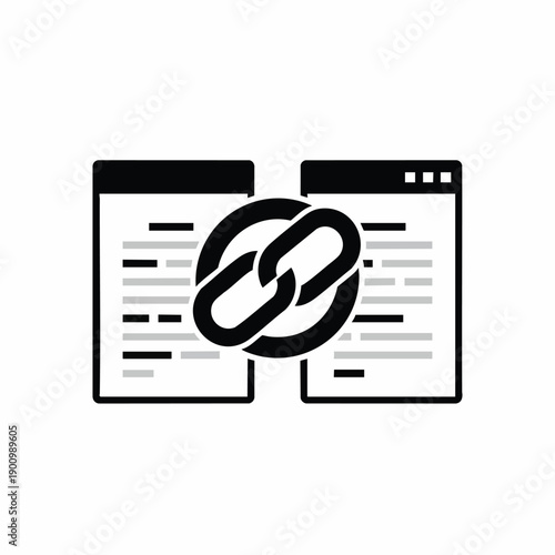 Interconnected documents icon with chain link symbol, representing website linking and content connection.