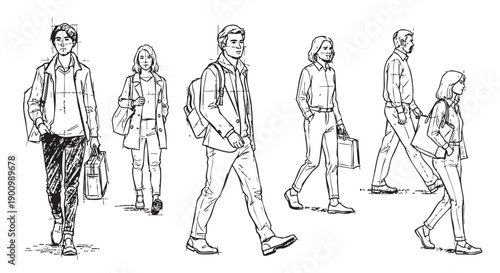 Black and white line art depicts diverse people walking in city clothes with bags, conveying the feeling of urban life and commuting.