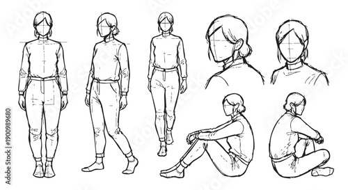 Hand-drawn fashion sketches showcase a female model in different poses, isolated on a white background, ideal for design and creative projects.