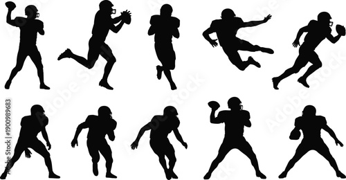 American football player silhouette collection, dynamic athlete action poses, running throwing tackling sports figures isolated white background