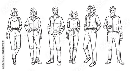 Six hand-drawn fashion figures confidently showcasing casual wear like jeans, shirts and heels, perfect for fashion design illustration and style guides.