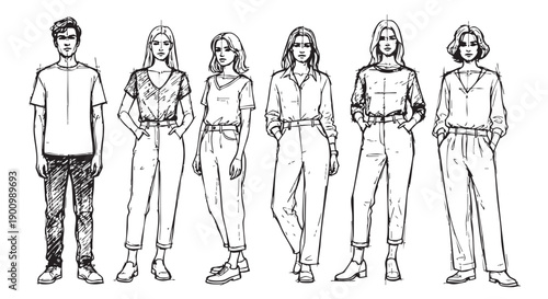 Black and white illustration of a man and five women showcasing diverse stylish outfits, providing inspiration for fashion design and clothing choices.