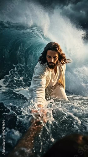 Vertical Video-Storm Walker Jesus Water - Walking Ocean Waves Hand Reaching Storm Clouds White Robes