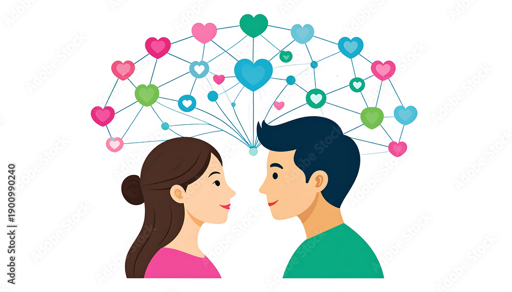 Fototapeta premium Couple facing, linked by hearts & circles