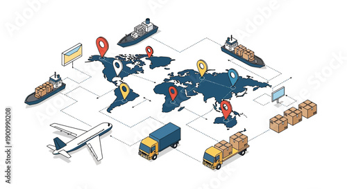 Wallpaper Mural Global Logistics Network with World Map and Various Transport Modes. Torontodigital.ca
