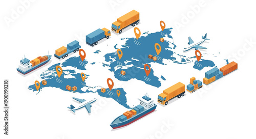 Global Logistics Network with World Map and Various Transport Modes.