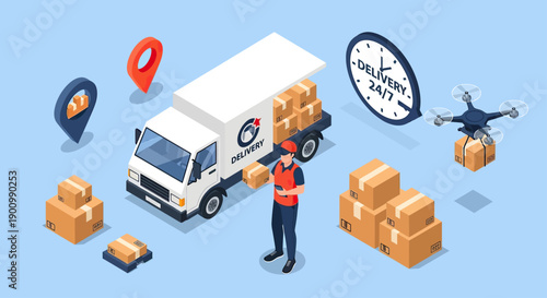 Isometric Delivery Service with Truck, Drone, and Courier.