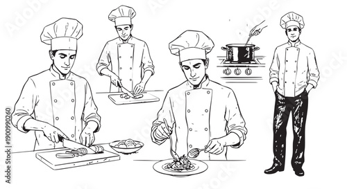 Line art illustration of a chef preparing a meal, cutting vegetables, cooking on a stovetop, and serving a dish, depicted with clean and crisp lines.