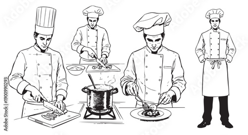 Black and white line art illustration depicts several chefs preparing food, including chopping vegetables, cooking in a pot, and plating a dish.