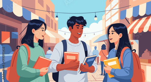 A vector illustration of three diverse students with books on campus